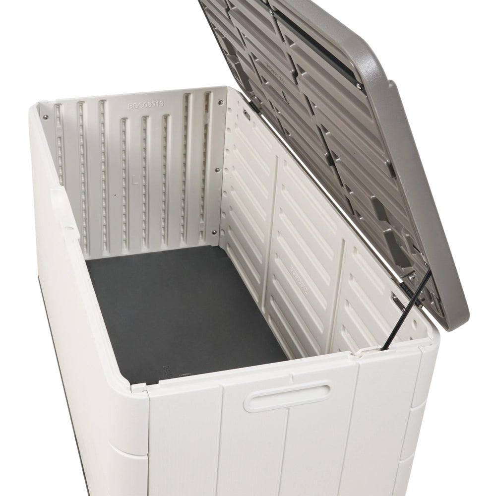 Panca da giardino in plastica bianco per esterni 116 x 60 cm con maniglie e rotelle Cassetta porta attrezzi da esterno