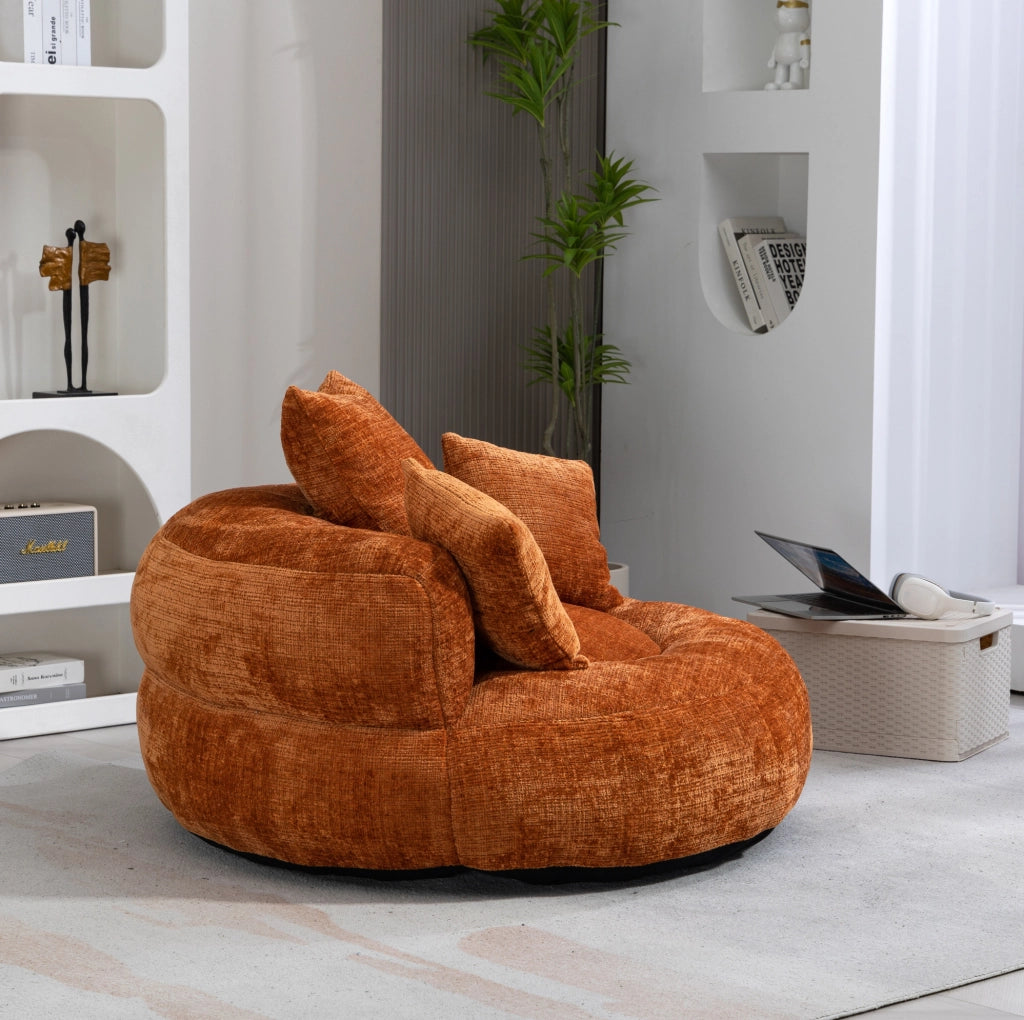 Sedia pouf lazy in chenille arancione 108x108x52 cm; con schienale alto e braccioli