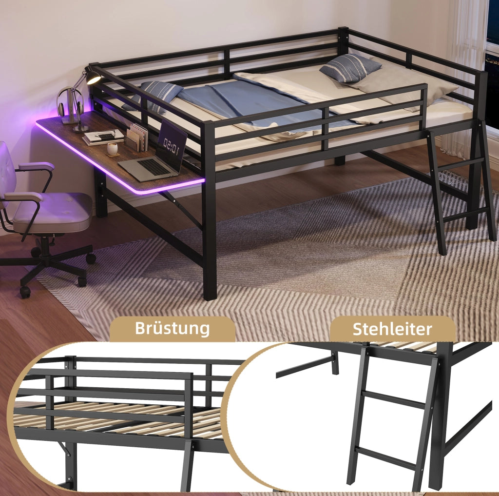 Letto in metallo 140 x 200 cm con scrivania pieghevole e luce LED, nero