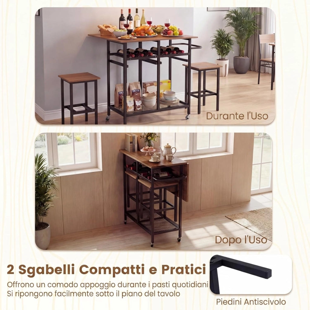 Set Tavolo da Pranzo Pieghevole 3 Pezzi, Tavolo Salvaspazio Estendibile con 2 Sgabelli con Ruote, Portabottiglie da 6 Posti, Ripiani e Maniglia Laterale per Cucina (Marrone,Modello 2)