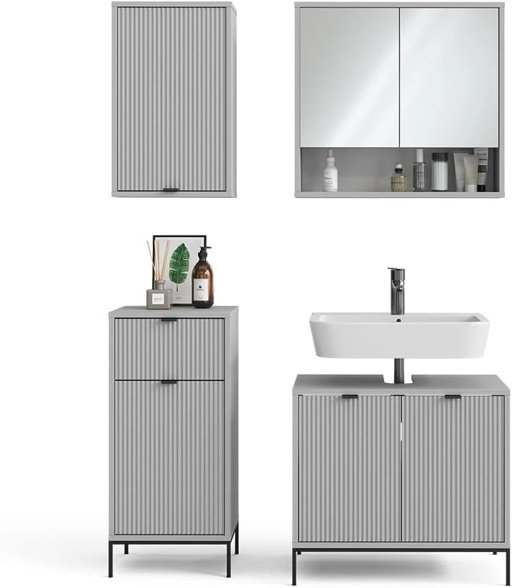 Set di mobili da bagno Eliza, Grigio, 70 cm, composto da mobile sottolavabo, specchiera, armadio medio e pensile