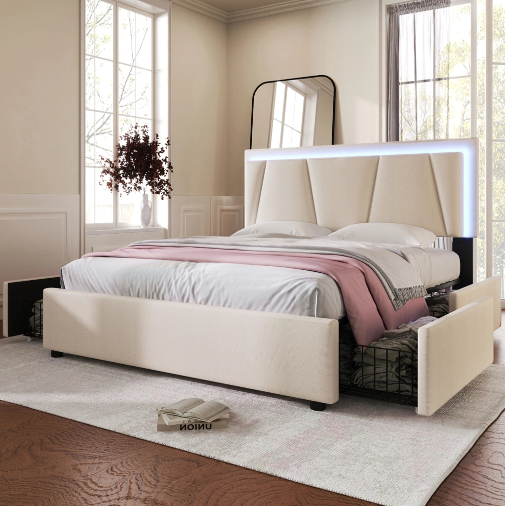 Letto 160x200 cm con testiera regolabile; LED e 4 cassetti in legno e tessuto di lino beige
