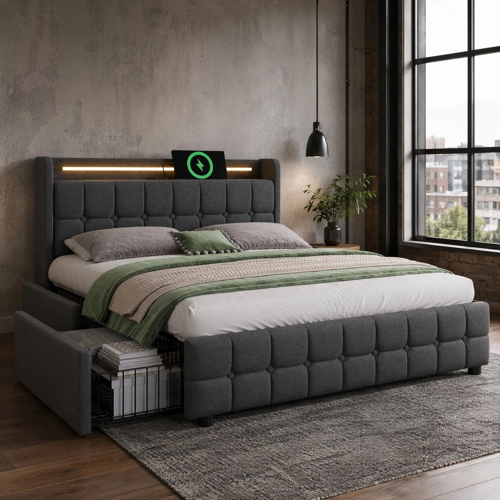 LETTO 160x200 cm Grigio in legno con 4 cassetti, LED, USB e prese