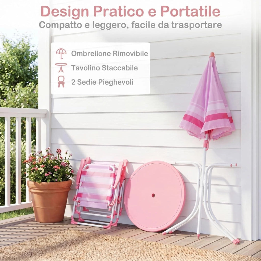 Set Tavolo e Sedie da Giardino per Bambini con Ombrellone (Rosso) | Set da Esterno per Bambini 4 Pezzi con Tavolino Rotondo, 2 Sedie Pieghevoli e Ombrellone Regolabile in Altezza per Campeggio
