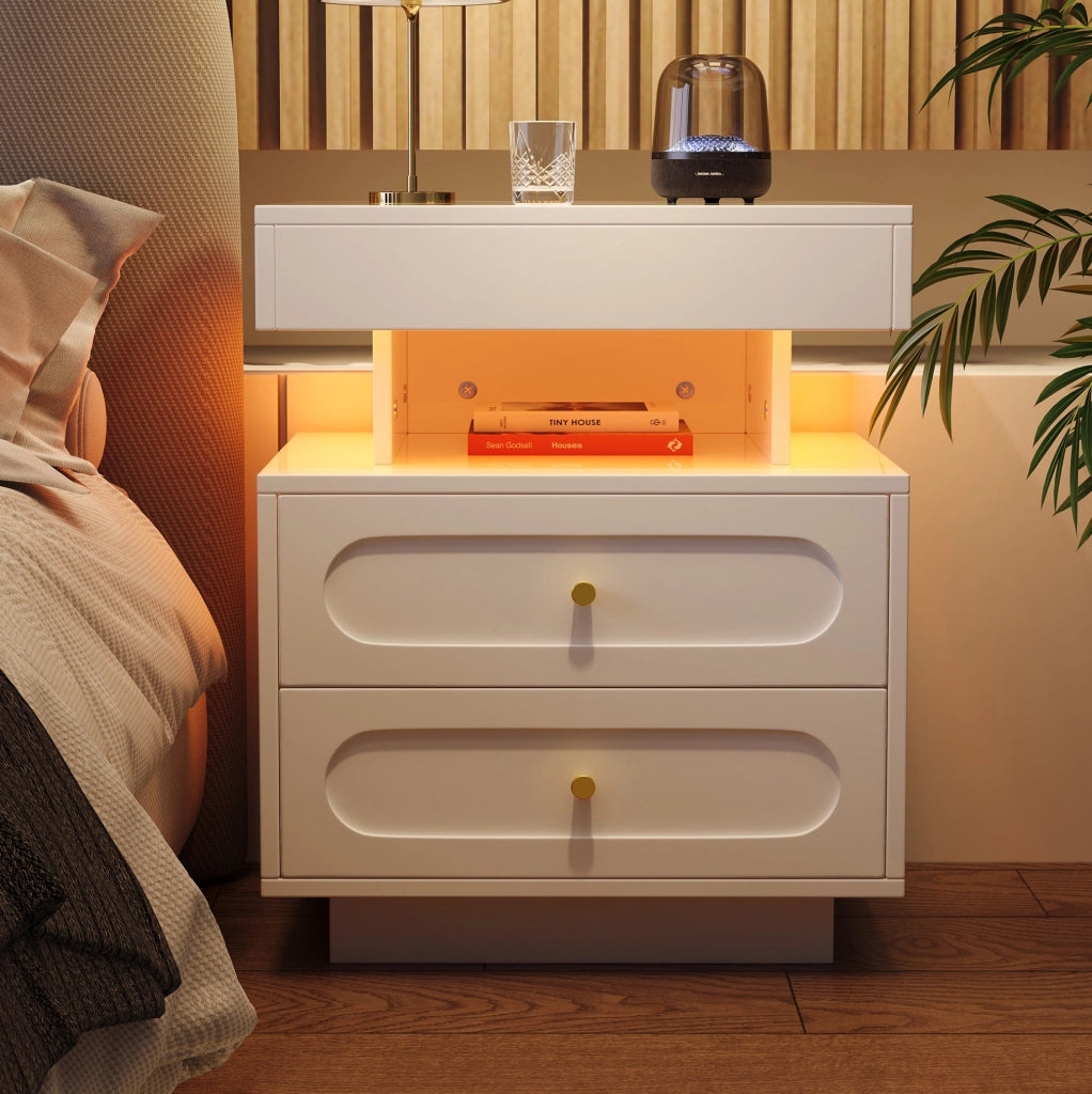 Comodino 50x40x60 cm con illuminazione LED a 3 colori; cassetto spazioso; truciolare bianco