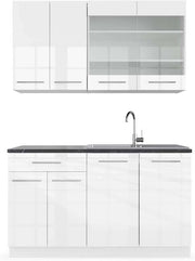 Cucina completa Fame-Line, Bianco lucido/bianco, 140 cm, PL Antracite, compatibile con i comuni elettrodomestici e abbinabile ai lavelli