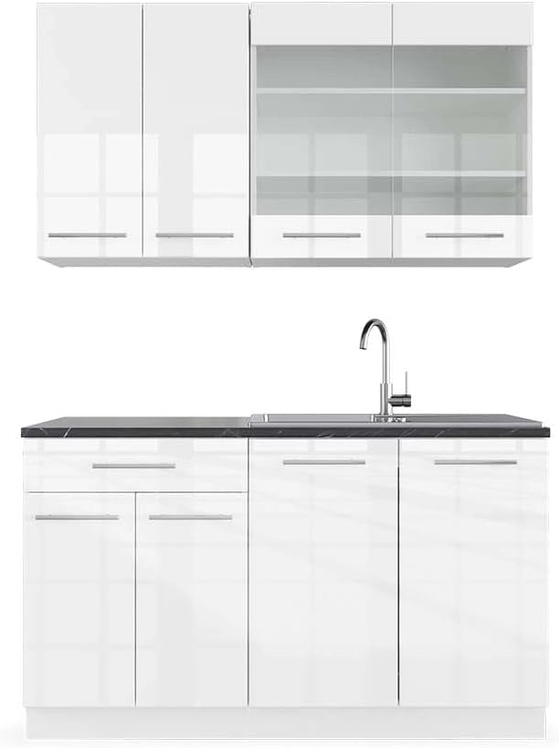Cucina completa Fame-Line, Bianco lucido/bianco, 140 cm, PL Antracite, compatibile con i comuni elettrodomestici e abbinabile ai lavelli