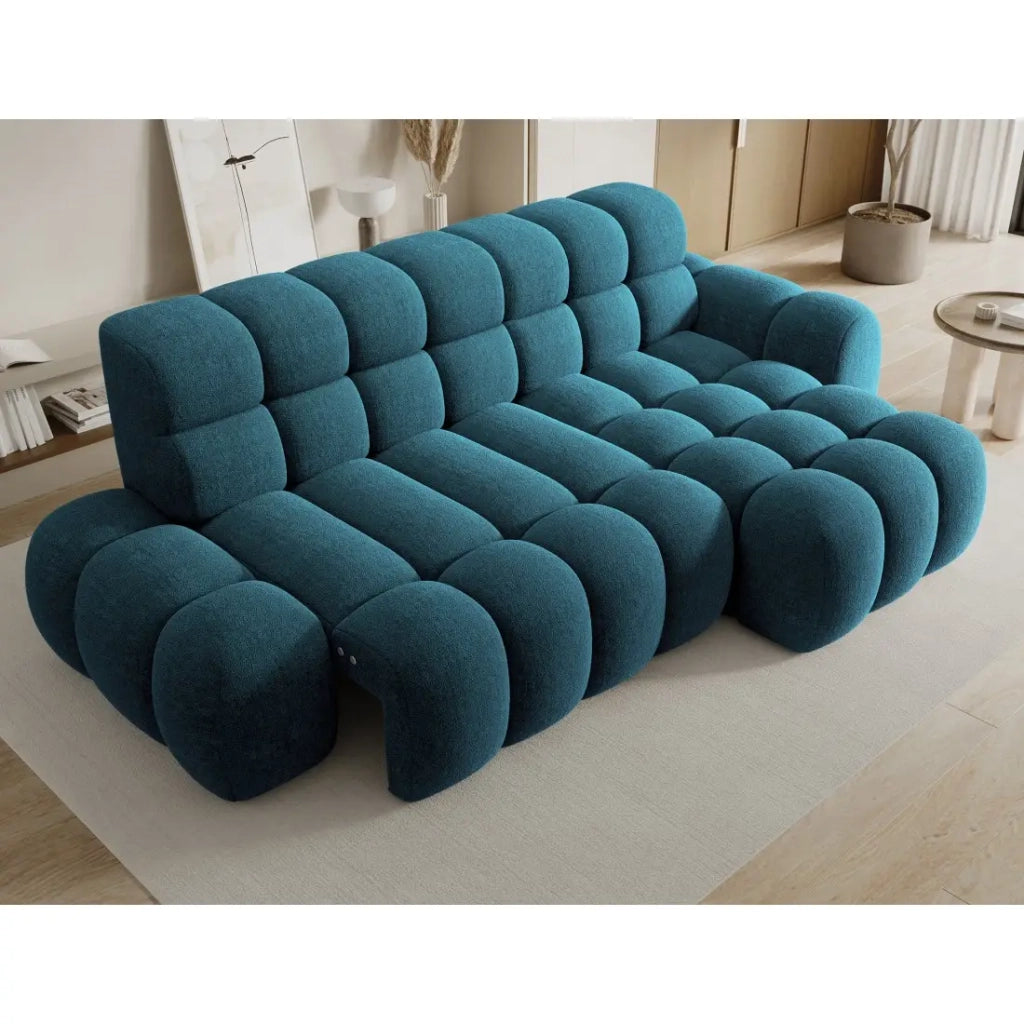 Divano ad angolo convertibile BULLA 3 posti blu angolo sinistro - tessuto bouclé con estensione della seduta elettrica