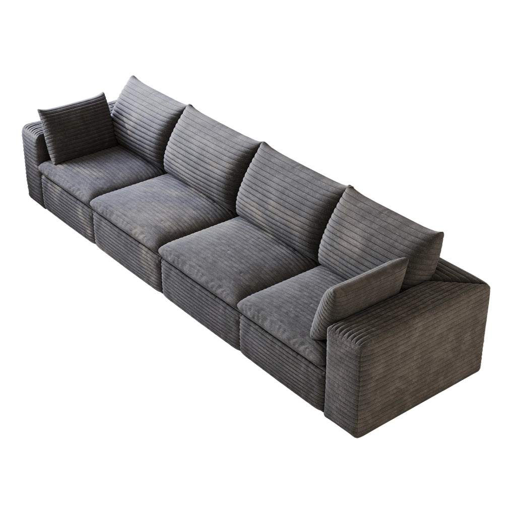 Divano modulare in tessuto grigio scuro con supporto in schiuma; design componibile