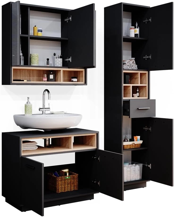 Set mobili bagno Beatrice, Antracite, 80 cm, composto da mobile sottolavabo, specchiera e colonna alta