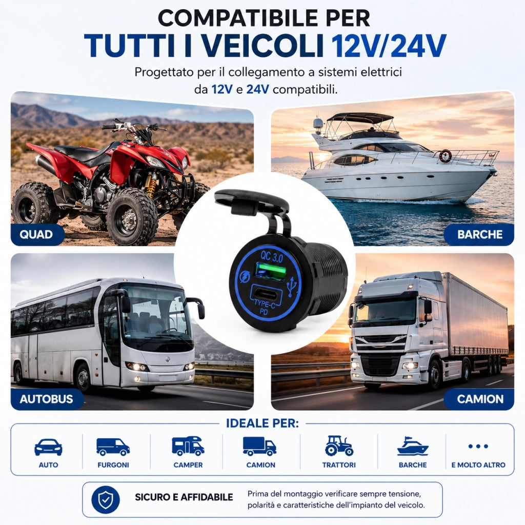 Caricabatterie USB-A QC 3.0 + USB-C PD 12V/24V da Incasso 15,8W 15816