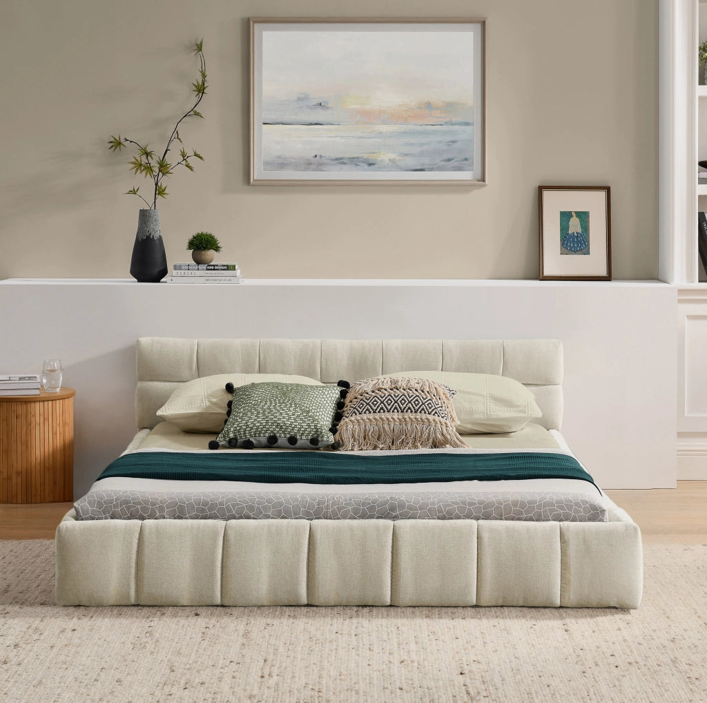 Letto matrimoniale imbottito in chenille 140x200 cm beige