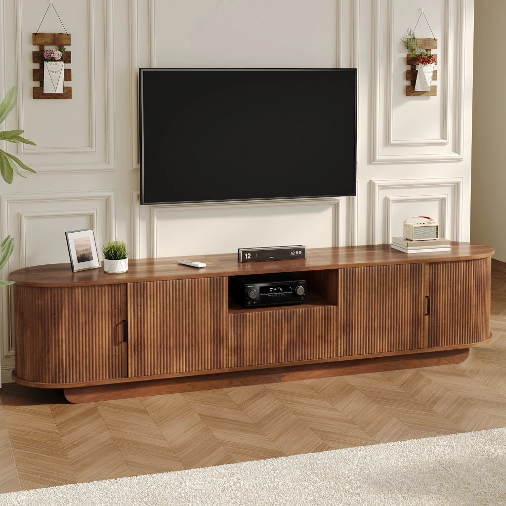 Mobile TV con ante scorrevoli; cassetto e vano aperto - per soggiorno - 200×40×50 cm - noce