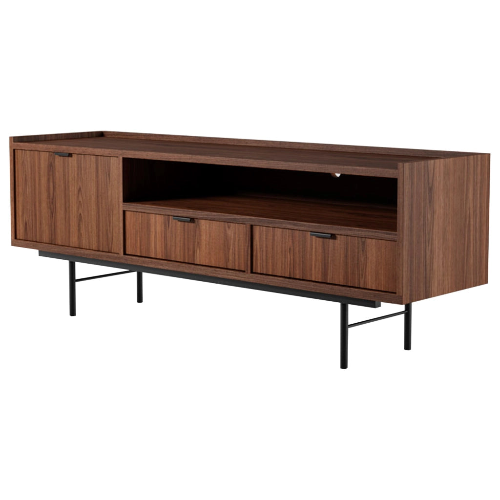 Mobile Porta TV Moderno In Melaminico 1 Anta A Ribalta 2 Cassetti Con Vano A Giorno E Passacavo Per Soggiorno Salotto Zona Living Design Contemporaneo 150 X 40 X 55 Cm Noce
