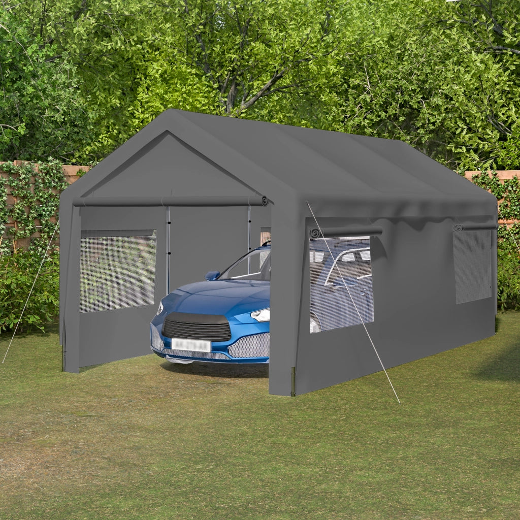 Carport Tenda 3x6 m Grigio con Pareti Removibili, Finestre Avvolgibili e Telaio Metallico