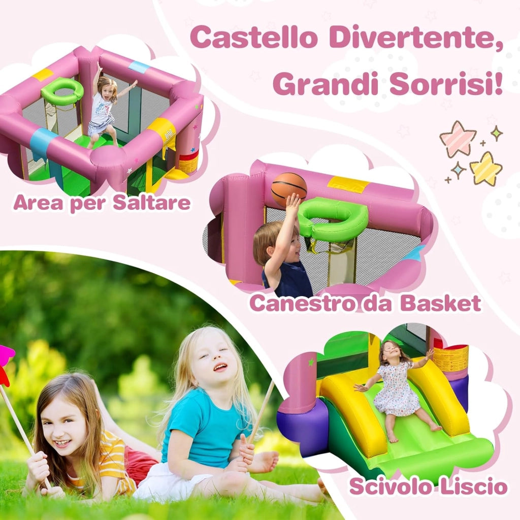 Castello Gonfiabile per Bambini, Castello con Trampolino, Scivolo e Canestro da Basket, Casa Gonfiabile Senza Ventilatore per Feste di Compleanno e Matrimonio, 240 x 174 x 143 cm