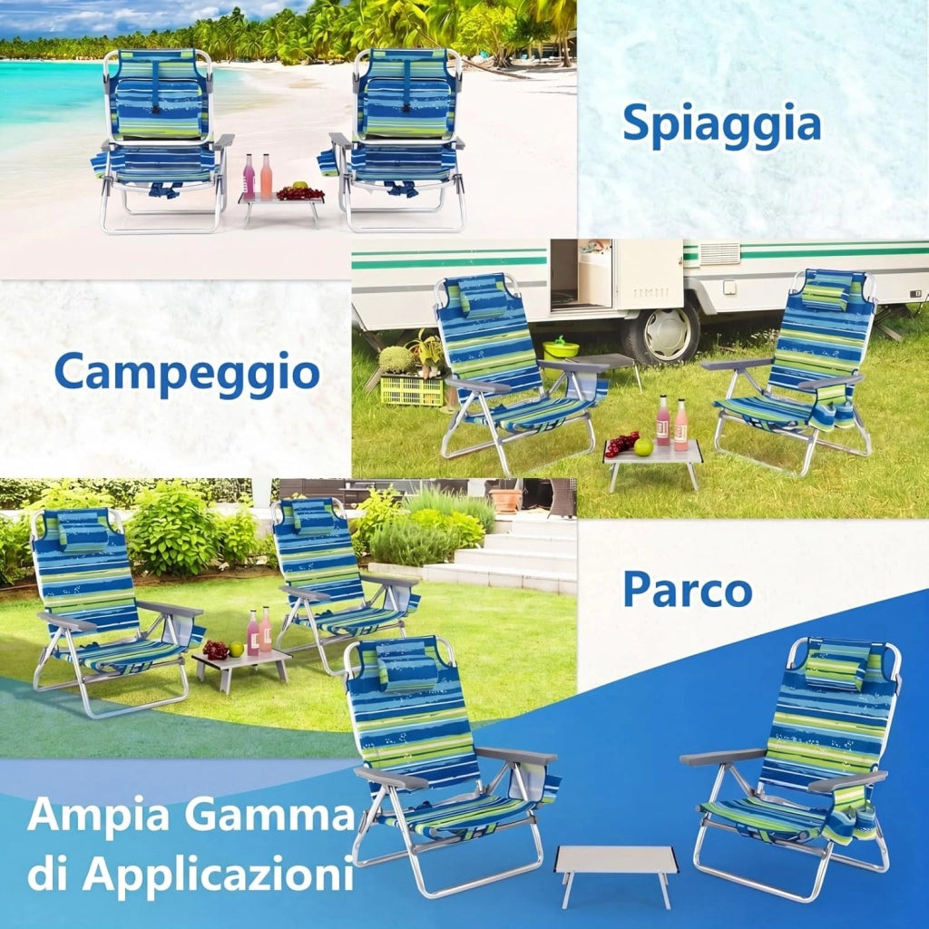 Set di 2 Sedie e Tavolino da Spiaggia Pieghevole, Schienale Regolabile a 5 Livelli, con Portatesta, Borsa Portaoggetti, Borsa Termica, per Campeggio Picnic Esterno (Blu+Verde, Modello 2)