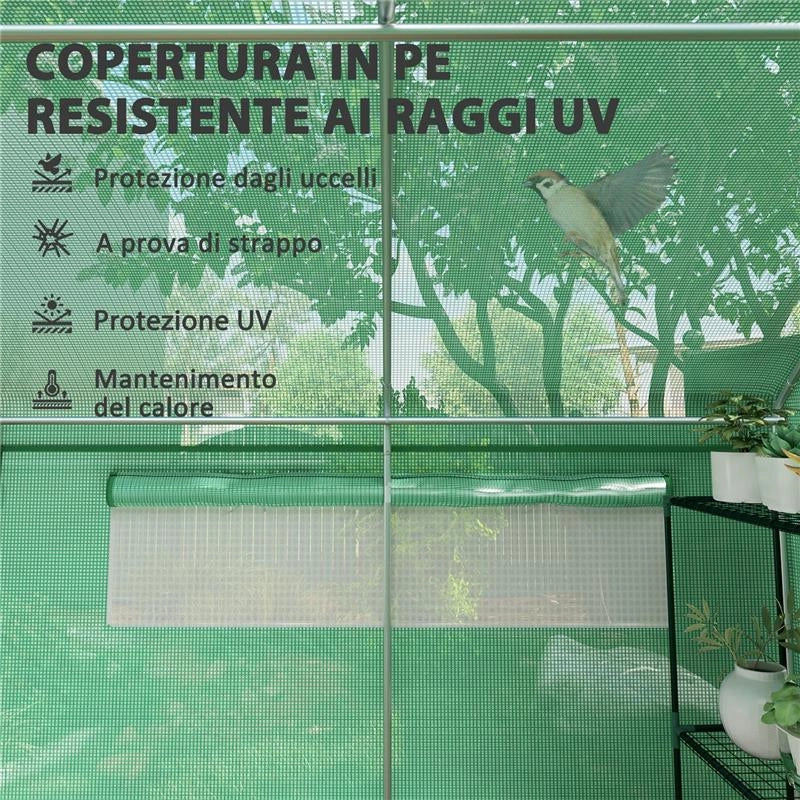 SERRA A TUNNEL CON 3 PORTE AVVOLGIBILI E 6 FINESTRELLE, IN ACCIAIO ZINCATO E PE, 6X3X2 M, VERDE