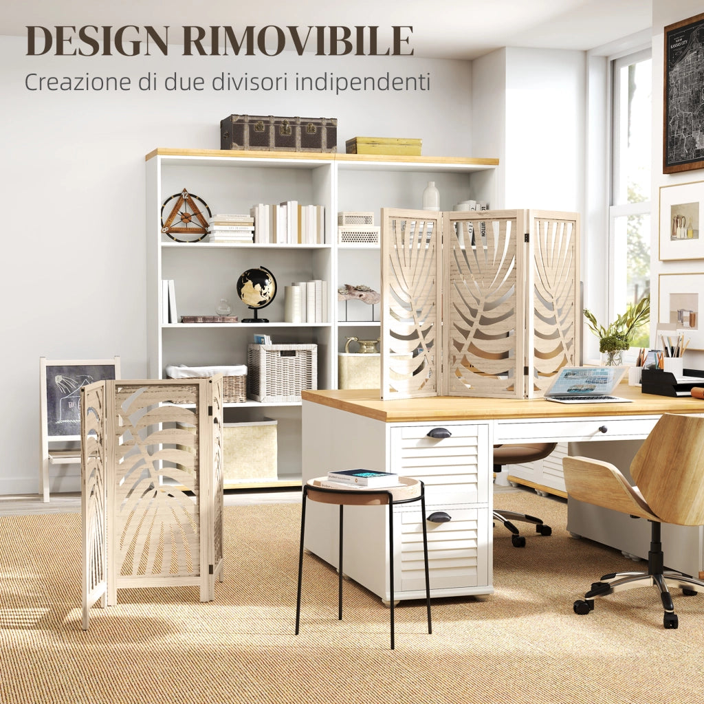 Paravento da Interno a 3 Pannelli Pieghevole e Separabile in Legno, Design a Foglie, 120x170 cm, Colore Legno