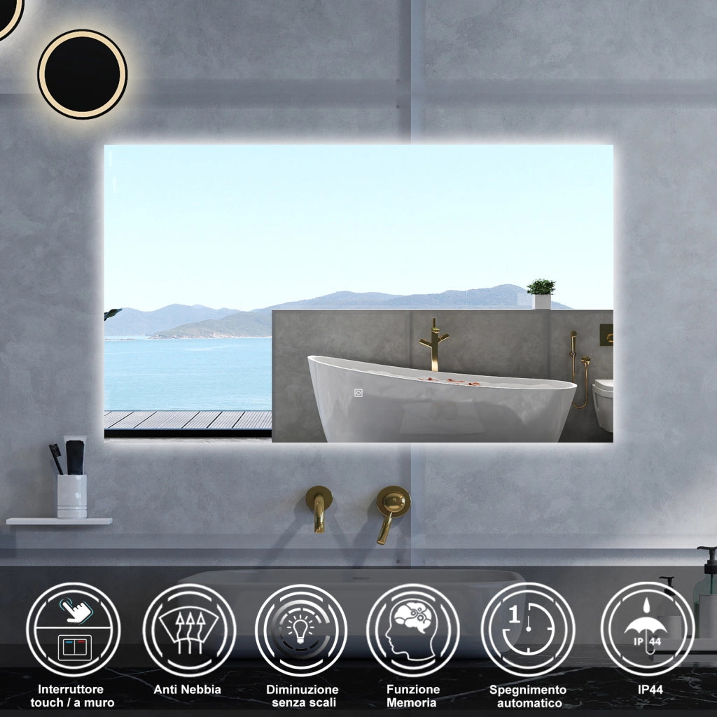 Specchio da bagno Rettangolare con 100x60cm,Memoria, Antifog,Regorabile,Retroilluminato,doppio interruttore,