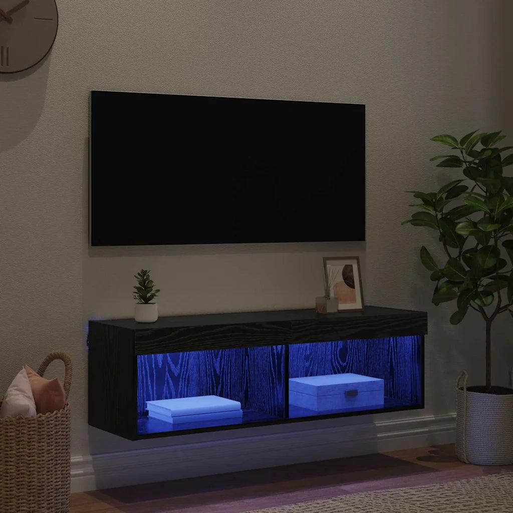 Mobile TV da parete con LED Rovere Nero 100 x 30 x 30 cm 882969