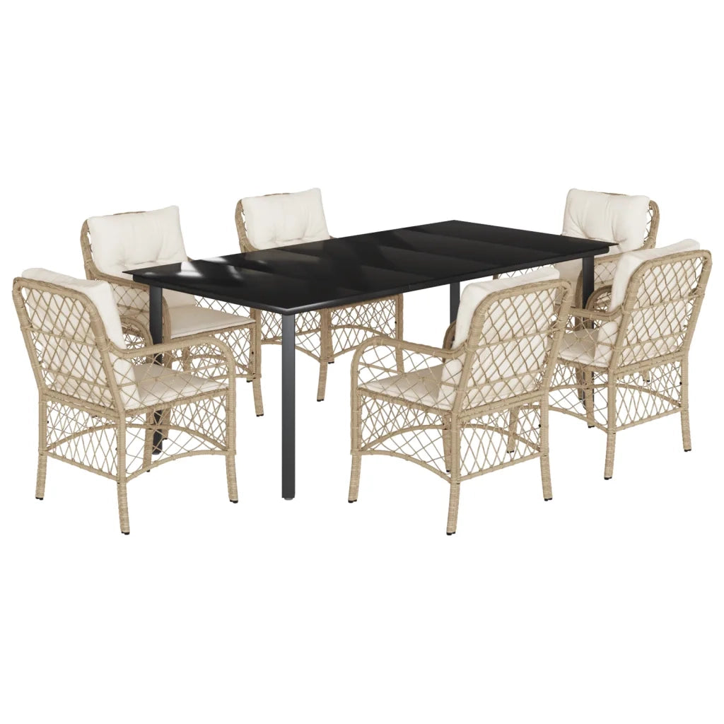 Set da Pranzo da Giardino 7 pz con Cuscini Beige in Polyrattan
