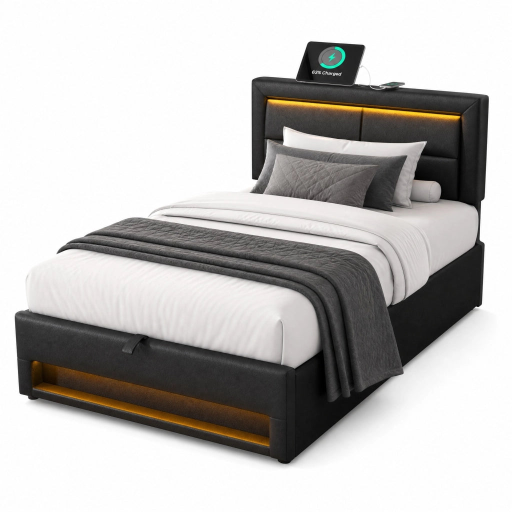 Letto imbottito 90 x 200 cm con LED, USB e vano contenitore