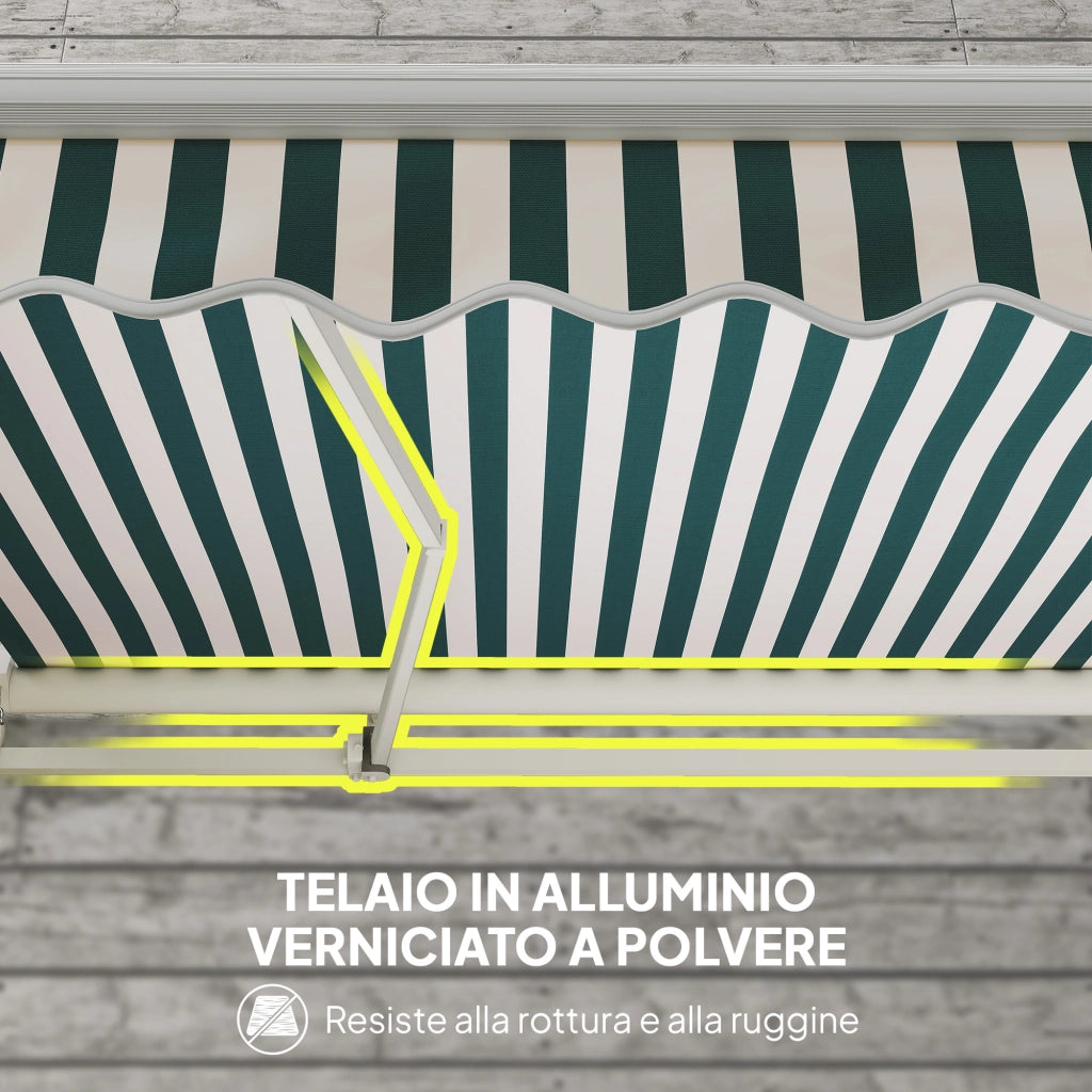 Tenda da Sole a Bracci Avvolgibile a Manovella in Metallo e Alluminio. 4x2.5m. Verde e Bianco