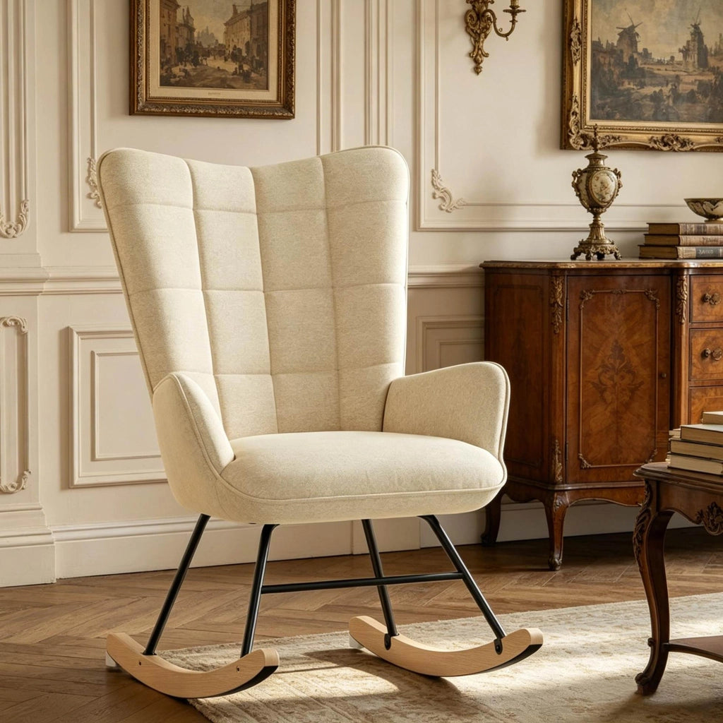 Sedia a dondolo beige in velluto con schienale alto