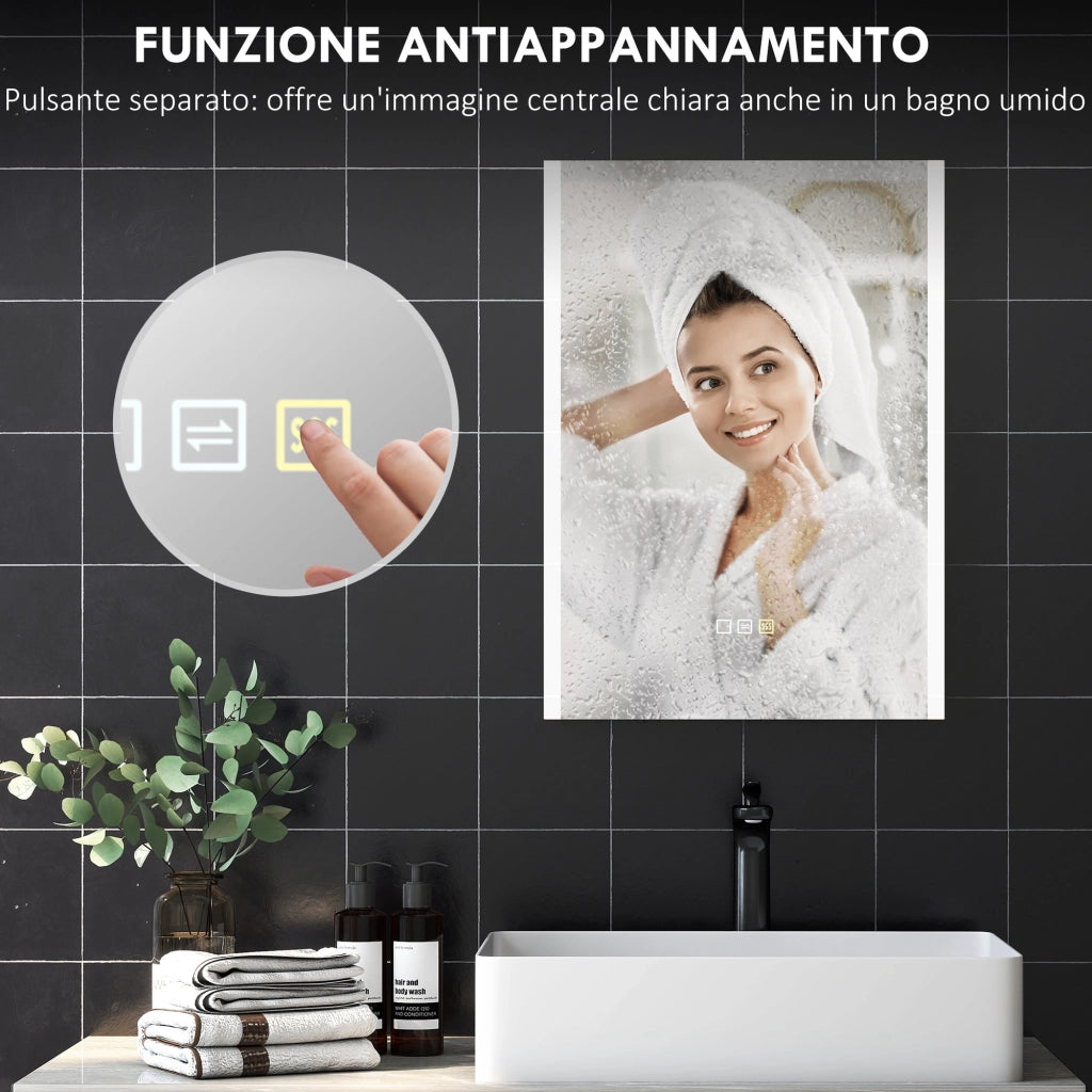 Specchio da Bagno con Luce LED ¨C Xylo ¨C Vetro Temperato, 70x50x3 cm, Argento