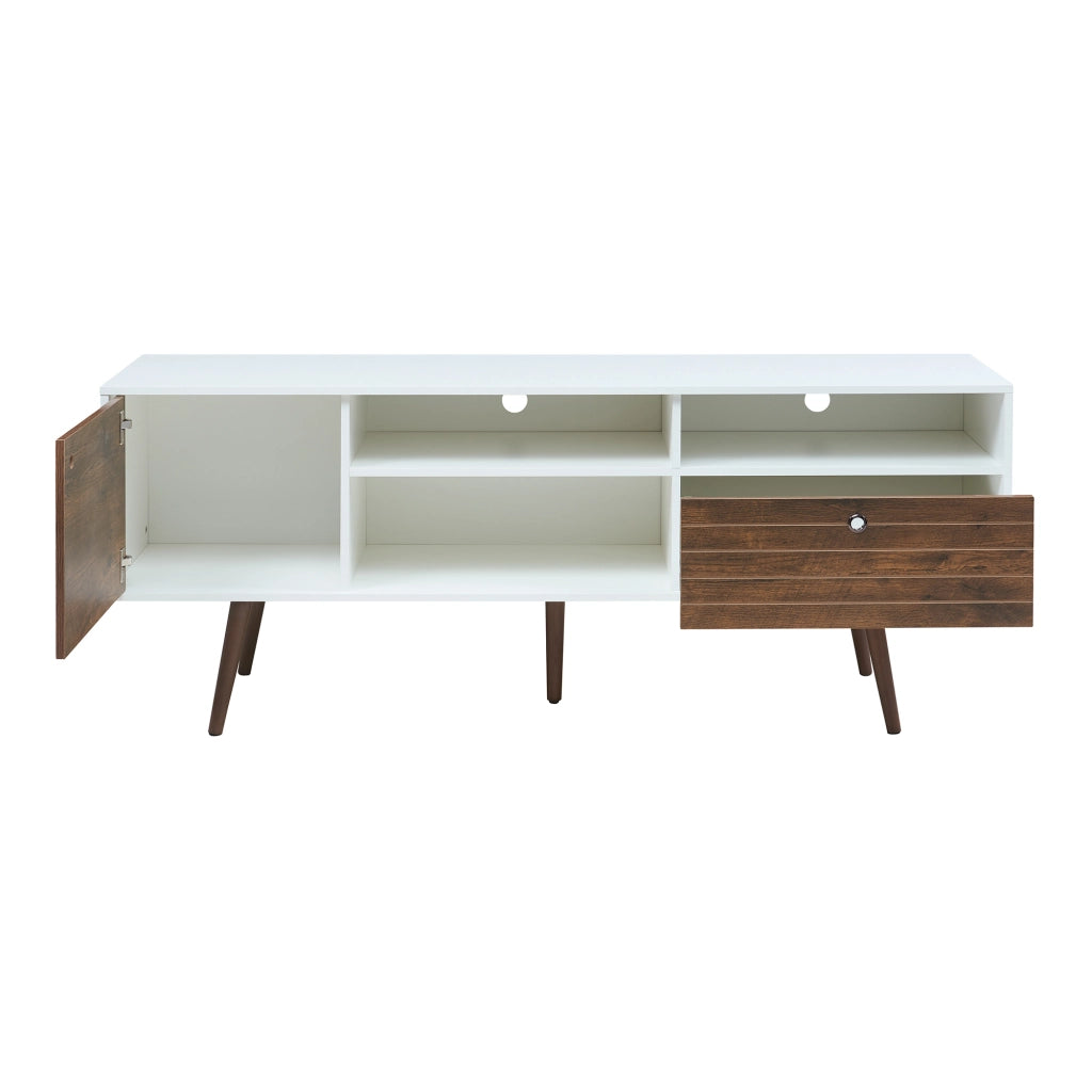Mobile TV Vare con Cassetto Anta e Vani Aperti 165x40x66 cm - Bianco/Effetto Noce [en.casa]