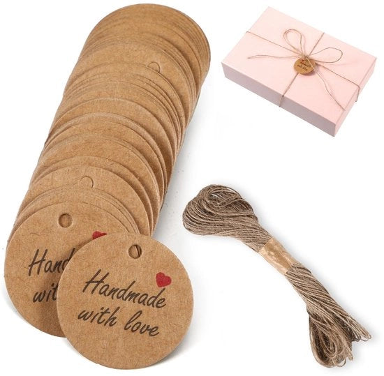 Etichette manufatturate 100 pezzi - Hanger rotondo - Carta kraft - Etichette per pacchi - Marrone/rosa scuro - 20 Metri di nastro adesivo - Carte regalo