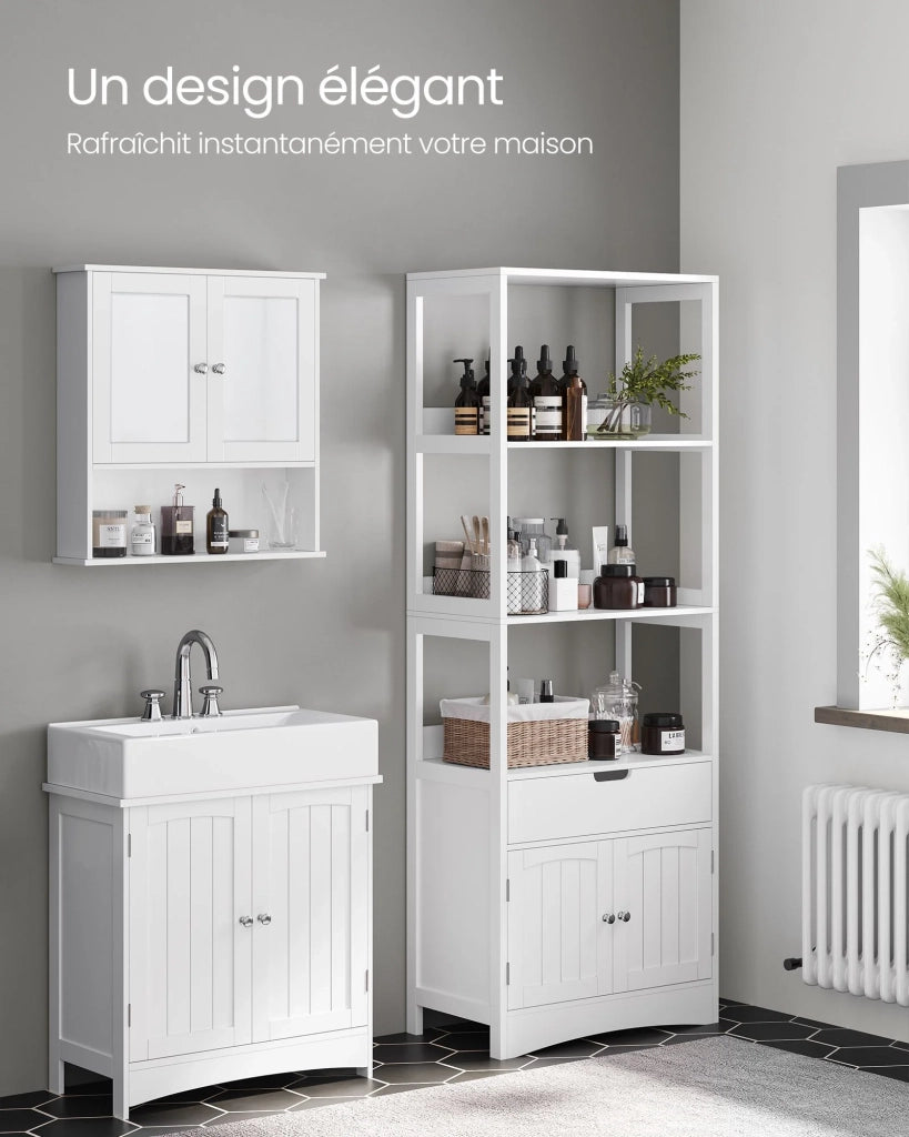 Mobile contenitore con cassetto 2 ripiani aperti doppia anta mobiletto bagno mobiletto ingresso cucina soggiorno bianco 12_0006416