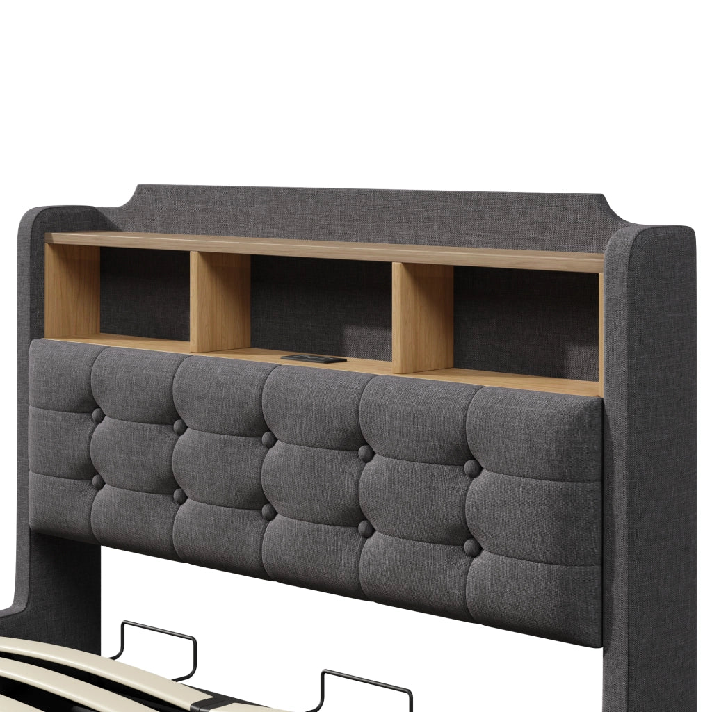 Letto contenitore matrimoniale 140×200 cm con LED; USB e Type-C; testiera con ripiani; senza materasso; lino; grigio