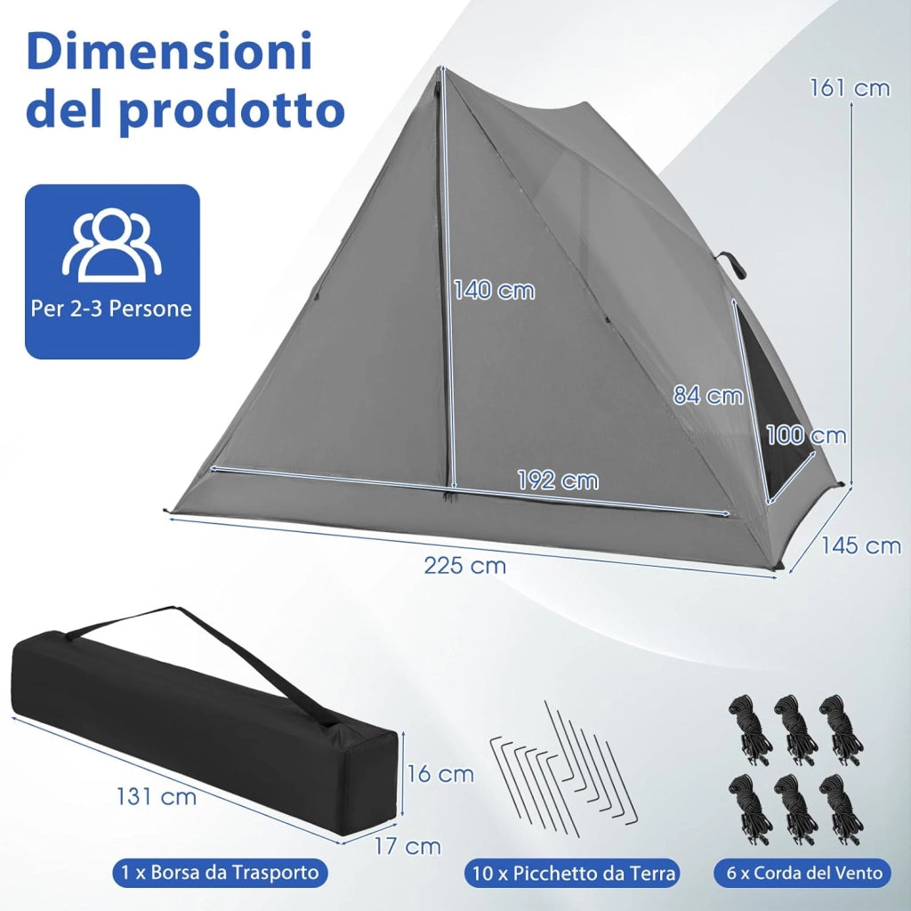 Tenda da Campeggio Zaino in Spalla 2-3 posti, Tenda Ultraleggera Impermeabile, Baldacchino a Igloo e Anti UV 3 Stagioni o Facile da Installare e imballare, 225 x 145 x 161 cm, grigio