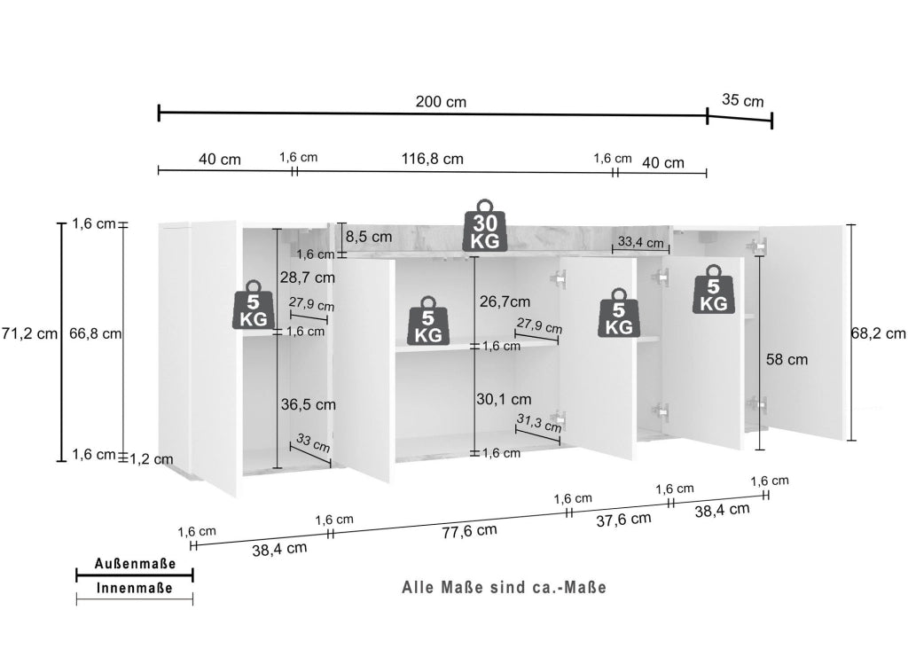 Madia Cordele, Credenza 7 Ripiani Made in Italy, 200x35x70h cm Bianco Cashmere