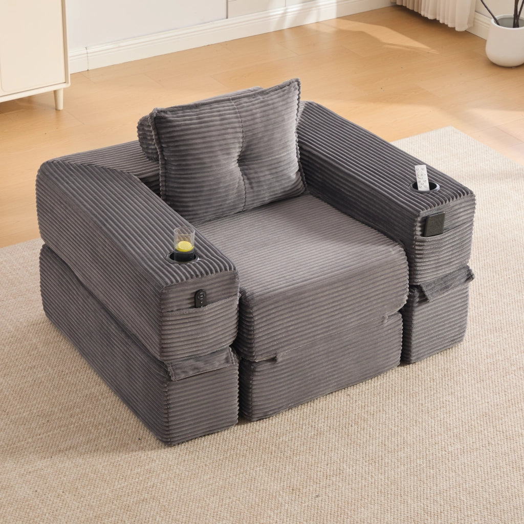 Divano convertibile in corduroy con tasche laterali e portabicchieri schienale in memory foam grigio scuro 122 × 98 × 80 cm