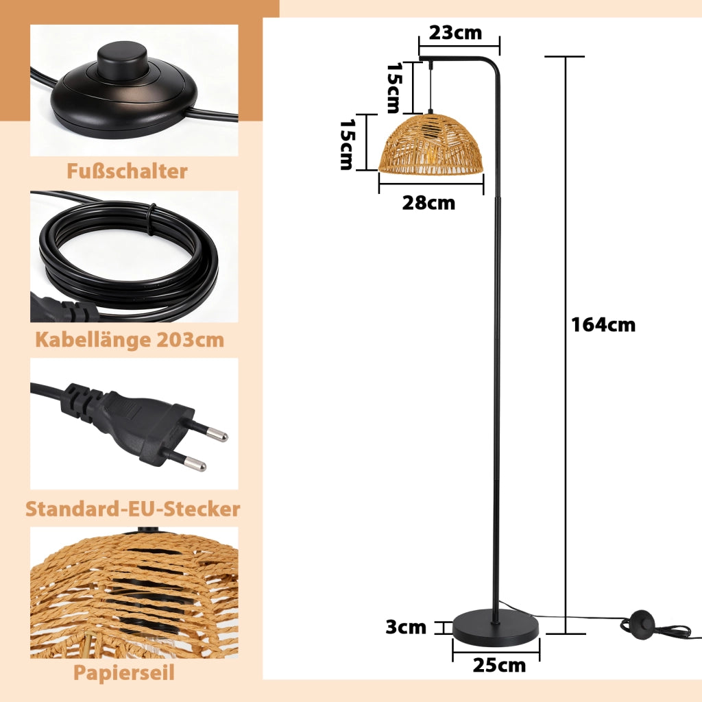 ZMH Lampada da Terra Boho Nera Paralume Corda Moderna 164cm E27 per Soggiorno Camera da Letto Senza Lampadine