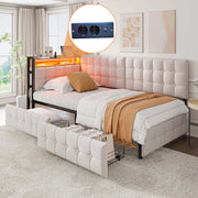 OKWISH Letto Divano 90×200 cm, Letto Singolo con 2 Cassetti, LED Regolabile e USB e Tipo C, senza Materasso, in Tessuto, Beige