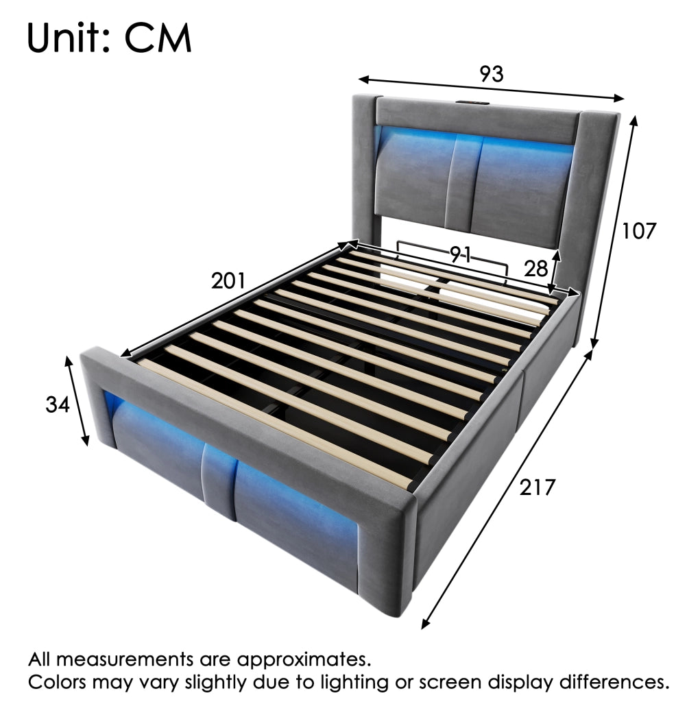 Letto singolo 90x200 cm con contenitore, LED e USB, grigio