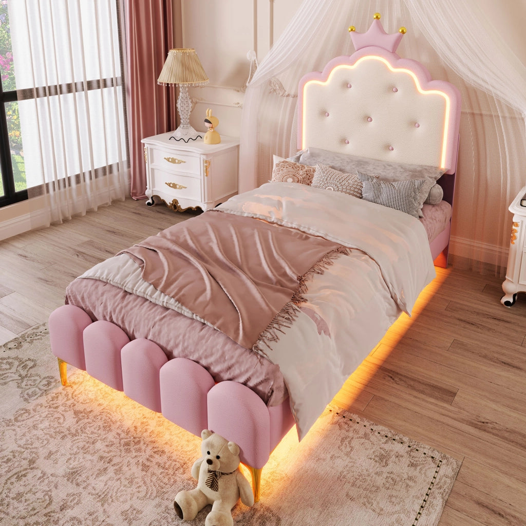 LETTO Principessa 90x200 cm in PU Rosa con luci LED