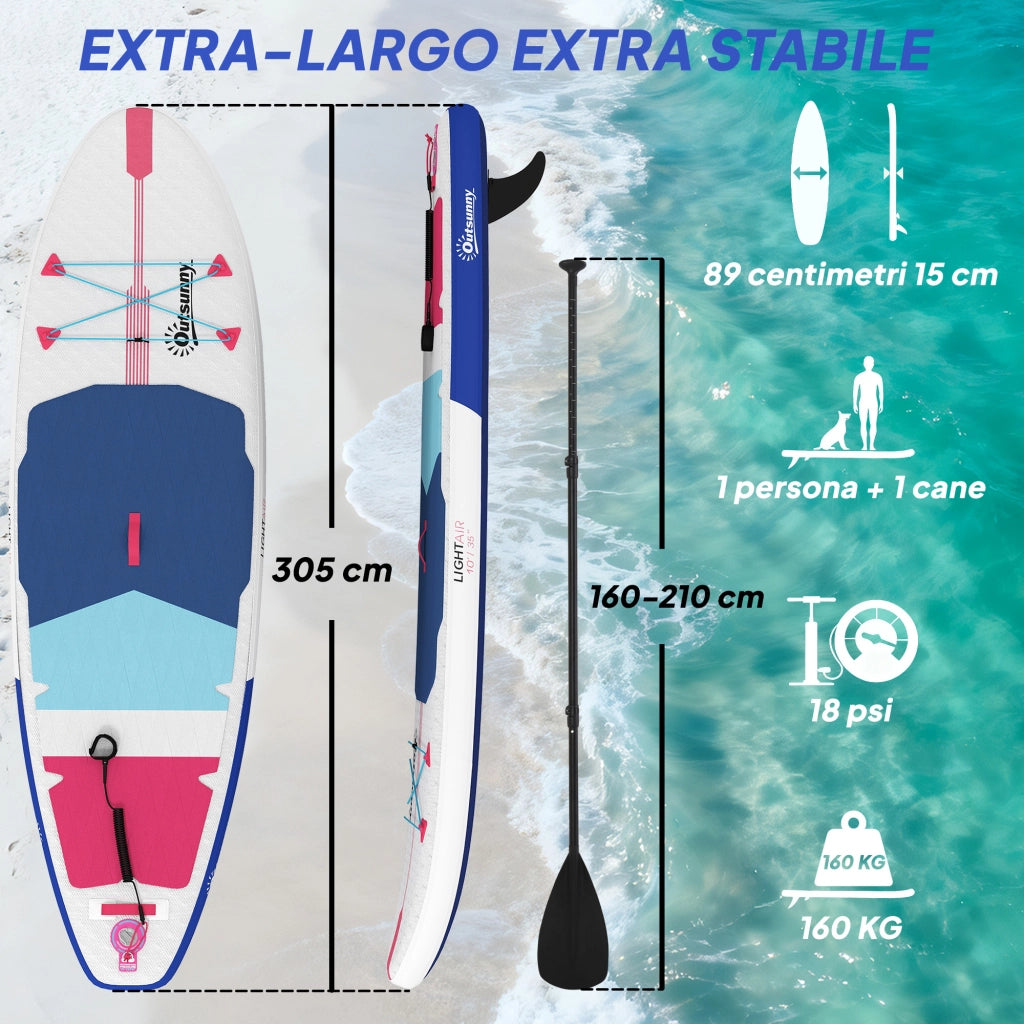 Sup Gonfiabile con Pagaia Regolabile e Accessori, in Plastica ed EVA, 305x89x15 cm, Blu Rosso Rosa
