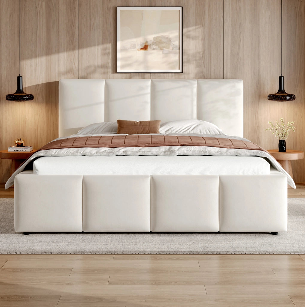 Letto matrimoniale imbottito 180x200 cm in chenille beige con testiera e rete a doghe