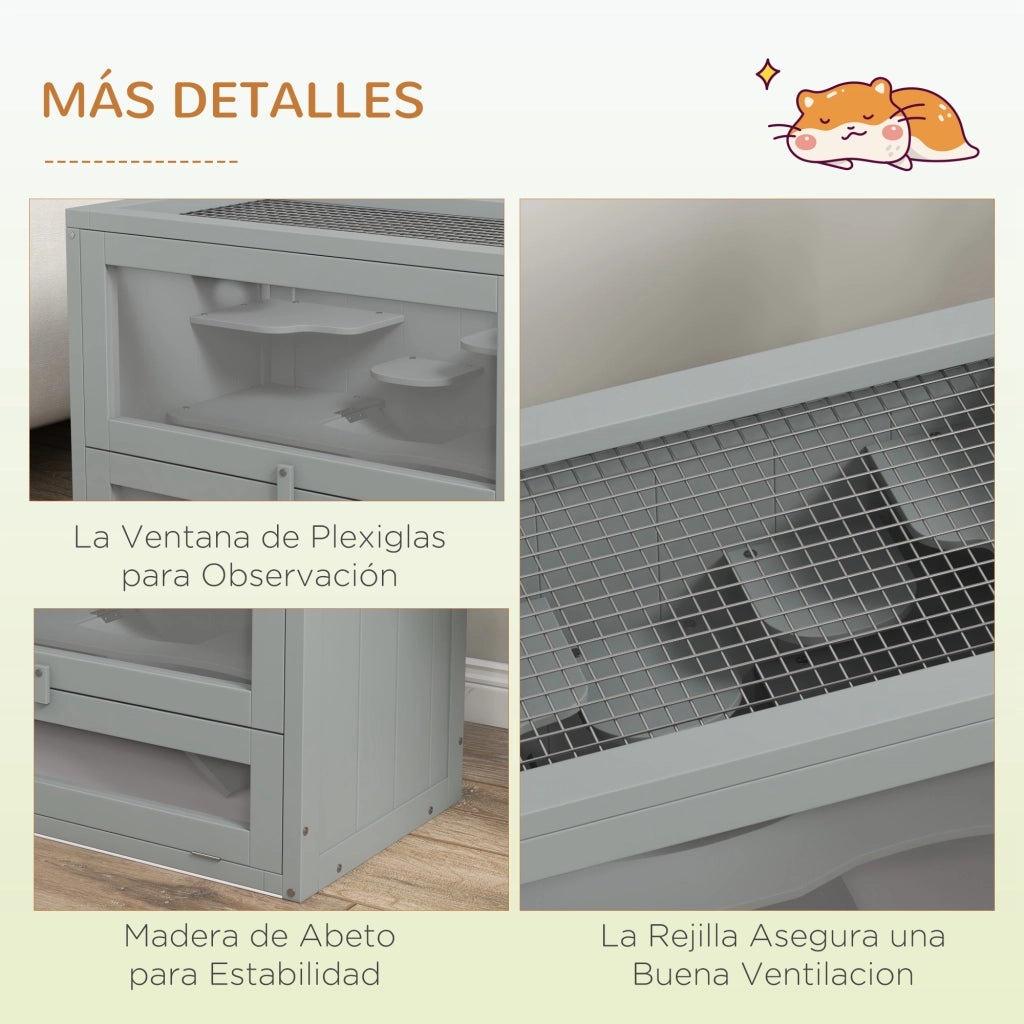 Gabbia per Criceti in Legno a 2 Livelli con Scale e Piattaforme 60x35x42 cm Grigio ¨C zephmum
