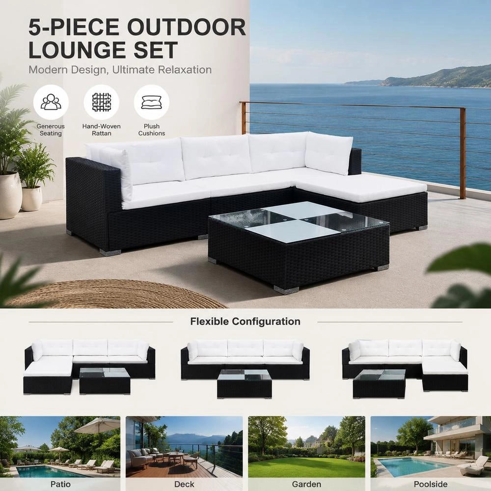 5-piece Garden Lounge Set With Cushions, Poly Rattan, Black