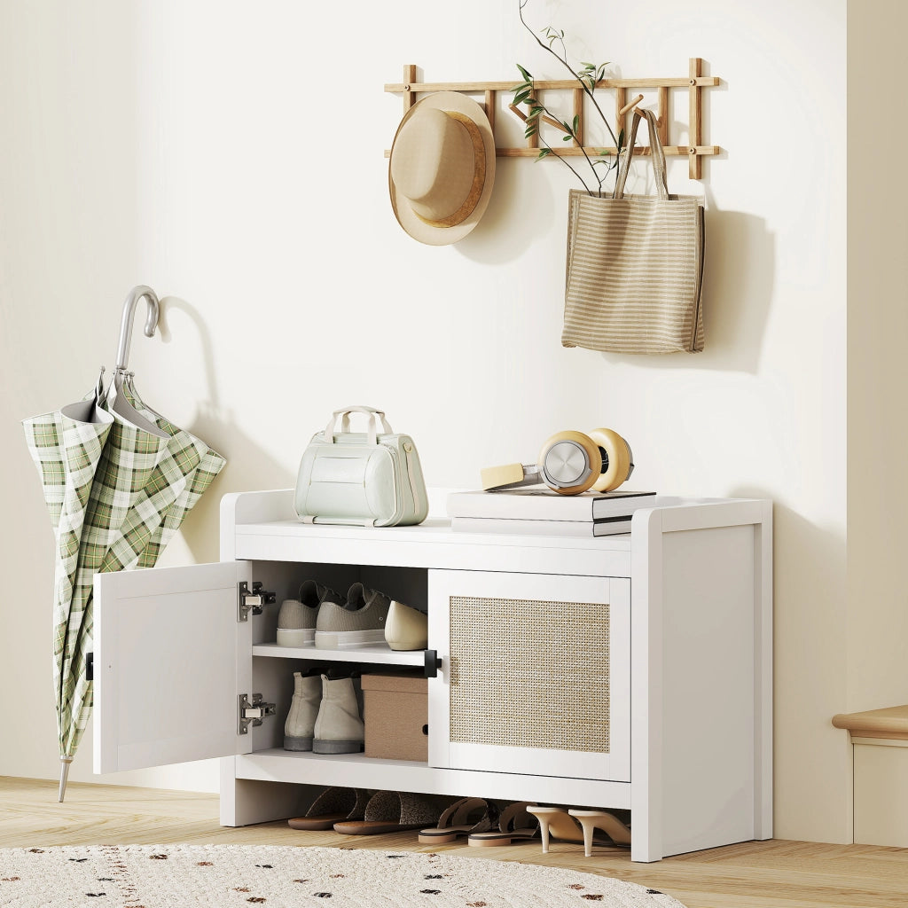 Scarpiera con Cassetti e Ripiano Estraibile in Rattan ¨C Zephmum ¨C Bianco e Beige 80x35x52 cm