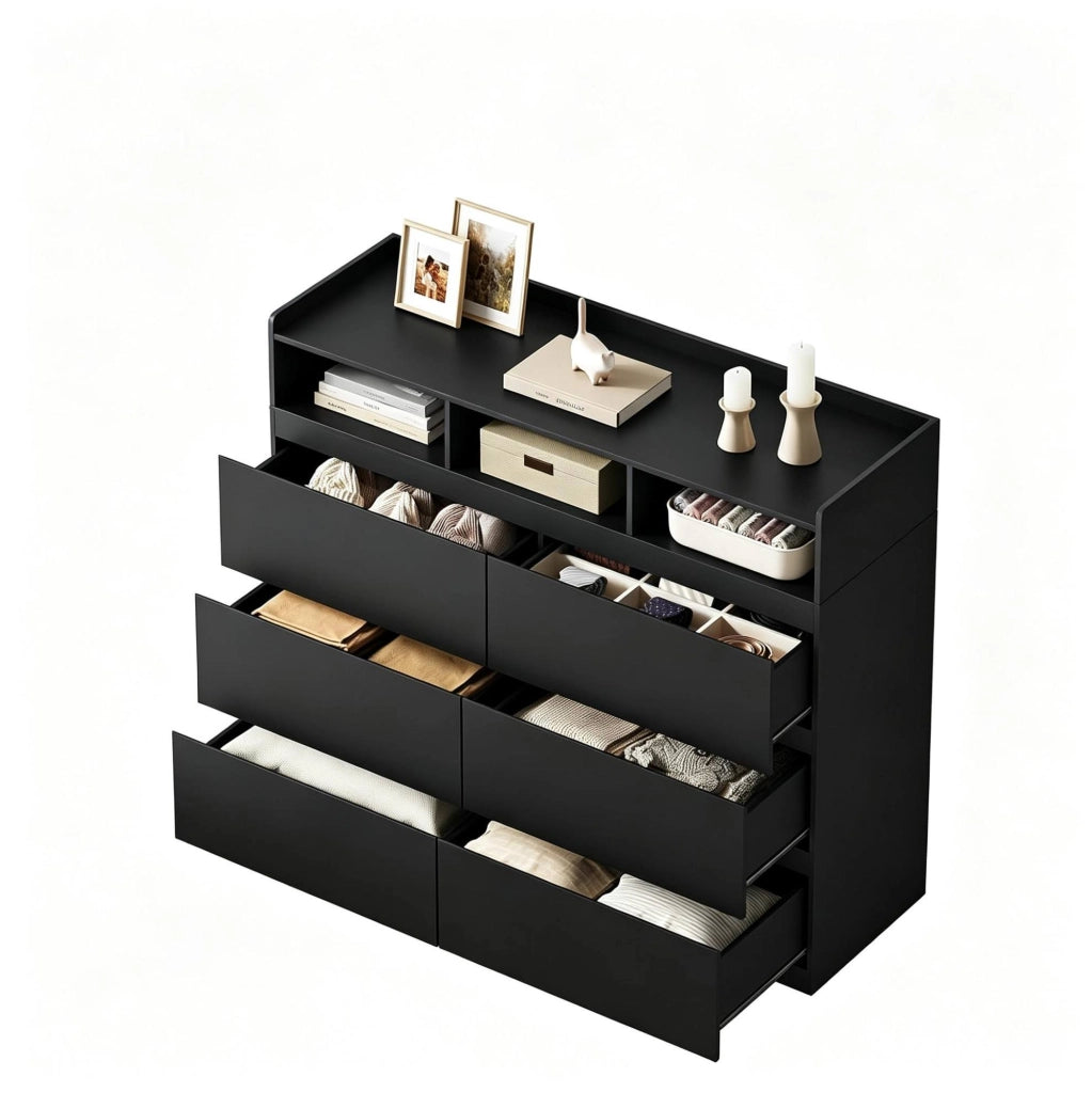 Cassettiera 4 livelli con 6 cassetti e 3 vani aperti 120x40x100 cm nera