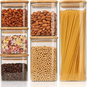 Set di 6 contenitori in vetro trasparente con coperchio di bambù - Bami farina grano riso zucchero tè caffè - Quadrato