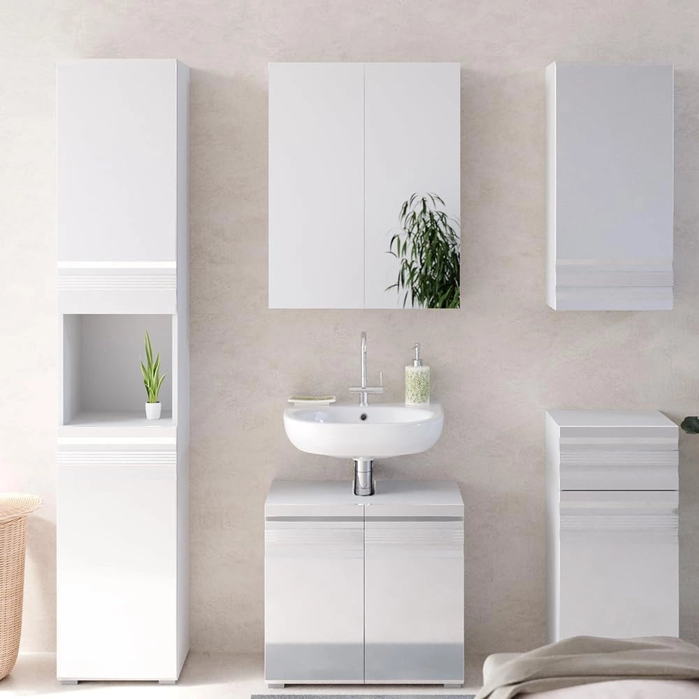 Mobile bagno alto Fredd, Bianco lucido, 36.4 x 190.5 cm, a parete con due ripiani interni regolabili