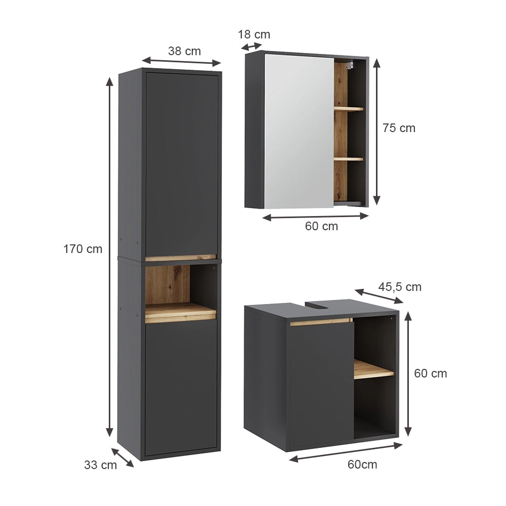 Vicco Set di mobili da bagno Grigio/Artisan 3 parti